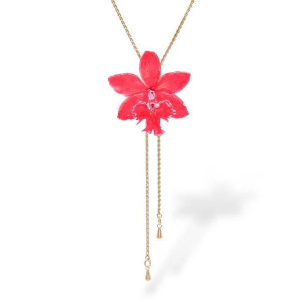 Alternate image for Spring-Inspired 22k Gold-Plated Pink Orchid Lariat Necklace Luxurious Pink
