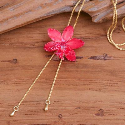 Alternate image for Spring-Inspired 22k Gold-Plated Pink Orchid Lariat Necklace Luxurious Pink