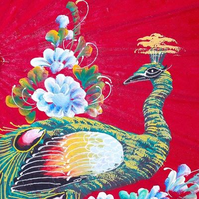 Alternate image for Peacock Motif Paper Parasol in Crimson from Thailand Sunny Peacock in Crimson