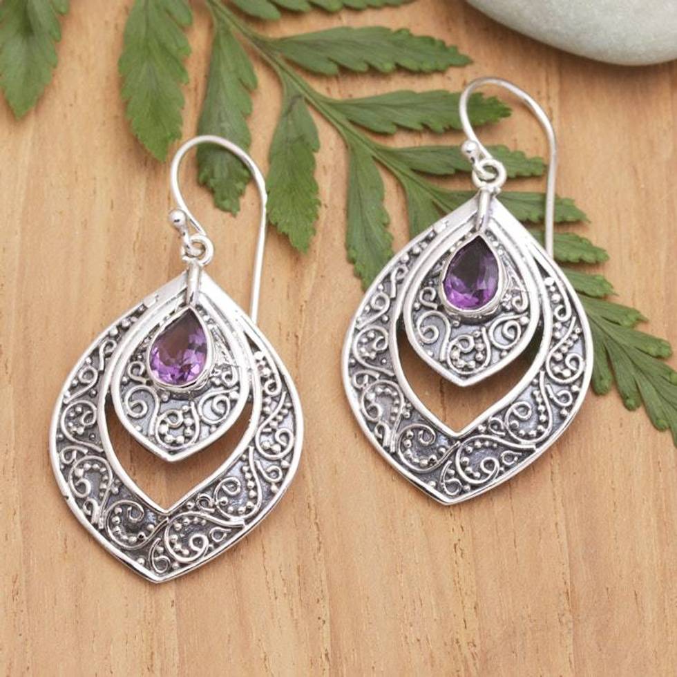 Sterling Silver Fashion Dangle Earrings with Amethyst Stone 'Party Queen in Purple'