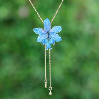Alternate image for Resin-Coated Cerulean Orchid Necklace with Golden Chain Luxurious Cerulean