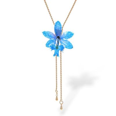 Alternate image for Resin-Coated Cerulean Orchid Necklace with Golden Chain Luxurious Cerulean
