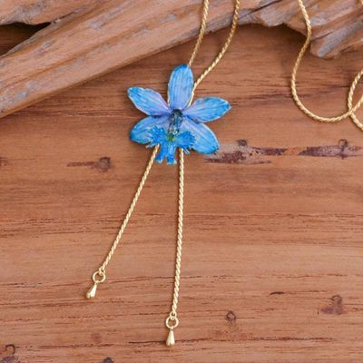 Alternate image for Resin-Coated Cerulean Orchid Necklace with Golden Chain Luxurious Cerulean