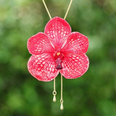 Primary image for Spring-Themed 22k Gold-Plated Red Orchid Lariat Necklace Passionate Petals