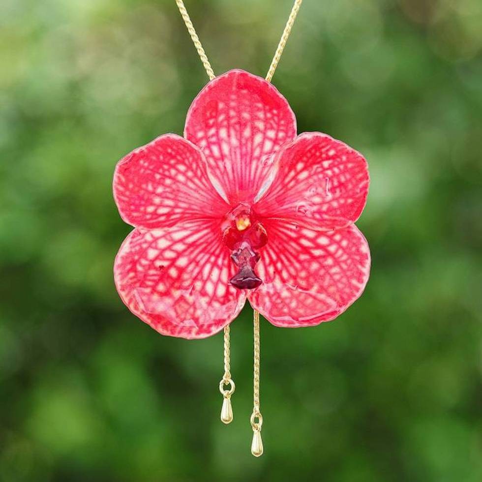 Spring-Themed 22k Gold-Plated Red Orchid Lariat Necklace 'Passionate Petals'