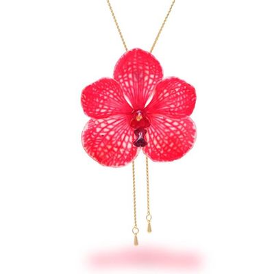 Alternate image for Spring-Themed 22k Gold-Plated Red Orchid Lariat Necklace Passionate Petals