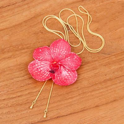 Alternate image for Spring-Themed 22k Gold-Plated Red Orchid Lariat Necklace Passionate Petals
