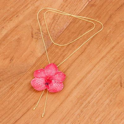 Alternate image for Spring-Themed 22k Gold-Plated Red Orchid Lariat Necklace Passionate Petals