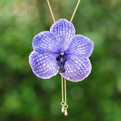 Primary image for 22k Gold-Plated Resin-Coated Purple Orchid Lariat Necklace Enchanted Petals
