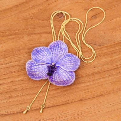 Alternate image for 22k Gold-Plated Resin-Coated Purple Orchid Lariat Necklace Enchanted Petals