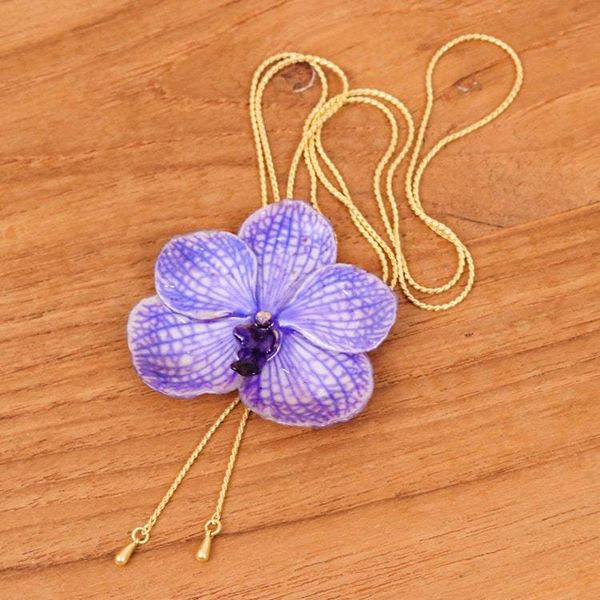 Alternate image for 22k Gold-Plated Resin-Coated Purple Orchid Lariat Necklace Enchanted Petals