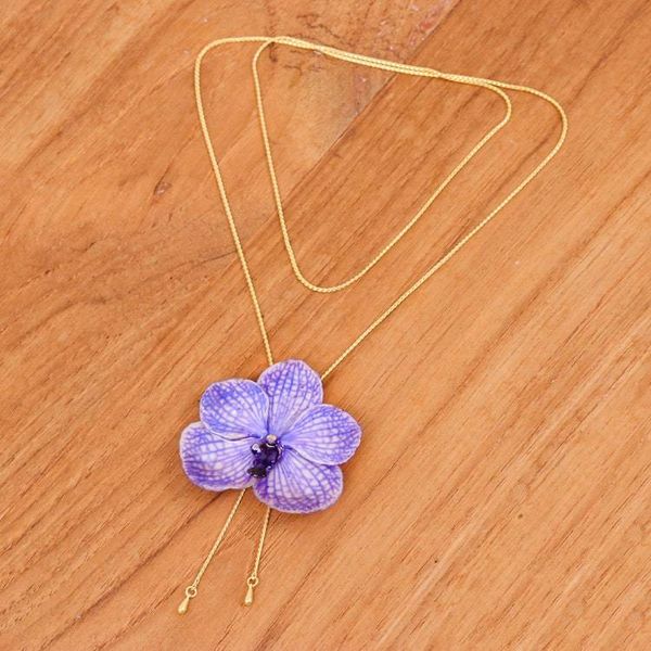 Alternate image for 22k Gold-Plated Resin-Coated Purple Orchid Lariat Necklace Enchanted Petals