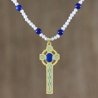 Primary image for Gold Plated Cultured Pearl and Lapis Lazuli Cross Necklace Faithful Soul in Blue