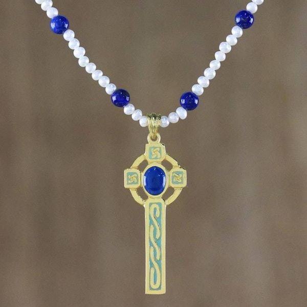 Alternate image for Gold Plated Cultured Pearl and Lapis Lazuli Cross Necklace Faithful Soul in Blue