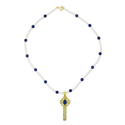 Alternate image for Gold Plated Cultured Pearl and Lapis Lazuli Cross Necklace Faithful Soul in Blue