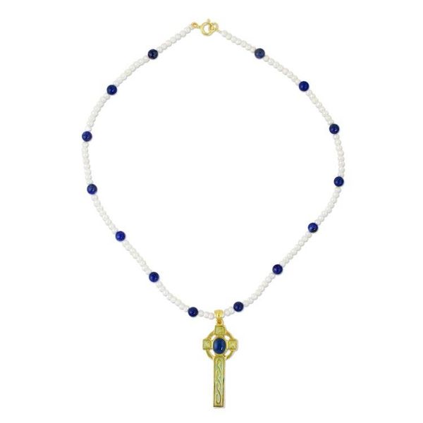 Alternate image for Gold Plated Cultured Pearl and Lapis Lazuli Cross Necklace Faithful Soul in Blue