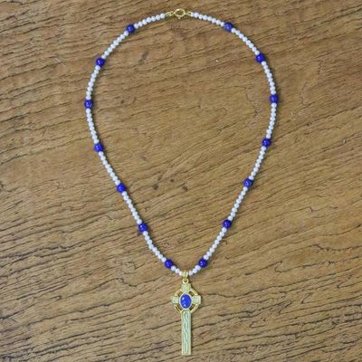 Alternate image for Gold Plated Cultured Pearl and Lapis Lazuli Cross Necklace Faithful Soul in Blue