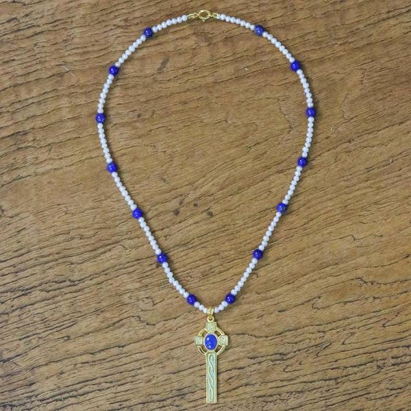 Alternate image for Gold Plated Cultured Pearl and Lapis Lazuli Cross Necklace Faithful Soul in Blue