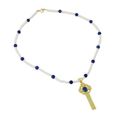 Alternate image for Gold Plated Cultured Pearl and Lapis Lazuli Cross Necklace Faithful Soul in Blue