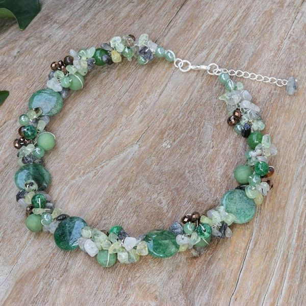 Alternate image for Artisan Crafted Prehnite and Tigers Eye Beaded Necklace Rainstorm