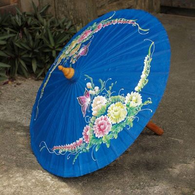 Primary image for Blue Thai Parasol in Hand Painted Cotton with Bamboo Frame Butterfly Paradise in Blue