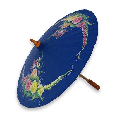 Alternate image for Blue Thai Parasol in Hand Painted Cotton with Bamboo Frame Butterfly Paradise in Blue