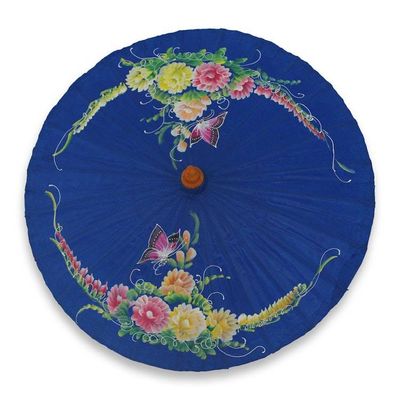 Alternate image for Blue Thai Parasol in Hand Painted Cotton with Bamboo Frame Butterfly Paradise in Blue