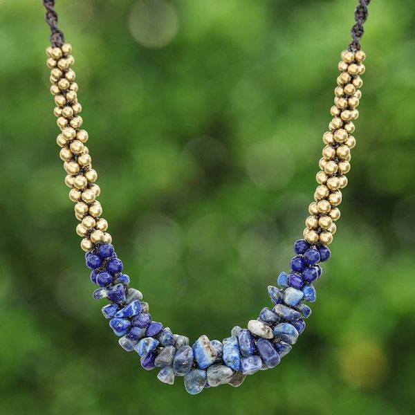 Alternate image for Bohemian Pendant Necklace with Lapis Lazuli and Brass Beads Blue Orchids