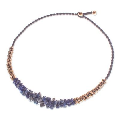 Alternate image for Bohemian Pendant Necklace with Lapis Lazuli and Brass Beads Blue Orchids