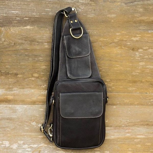 Alternate image for Black Leather Cross Body Sling Bag with 3 Pockets Nighttime Hike