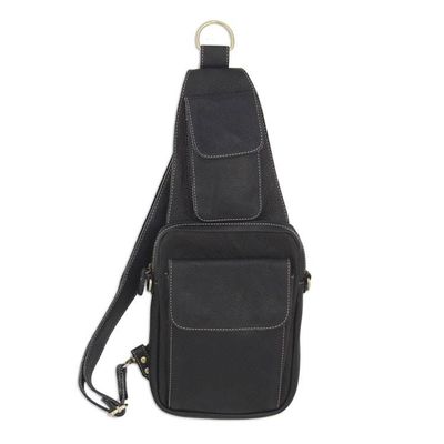 Alternate image for Black Leather Cross Body Sling Bag with 3 Pockets Nighttime Hike