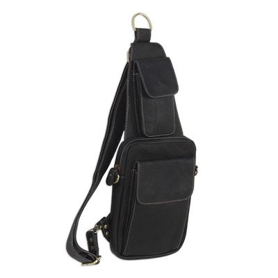 Alternate image for Black Leather Cross Body Sling Bag with 3 Pockets Nighttime Hike