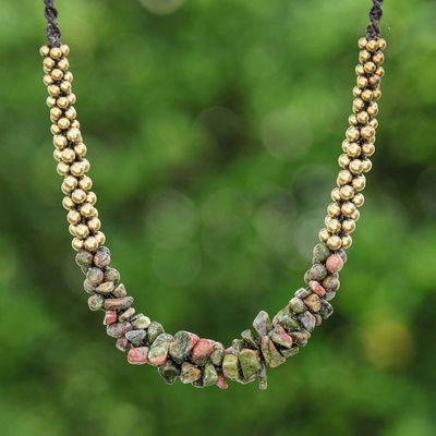 Primary image for Adjustable Pendant Necklace with Unakite Chips Brass Beads Colorful Orchids