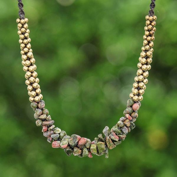 Alternate image for Adjustable Pendant Necklace with Unakite Chips Brass Beads Colorful Orchids