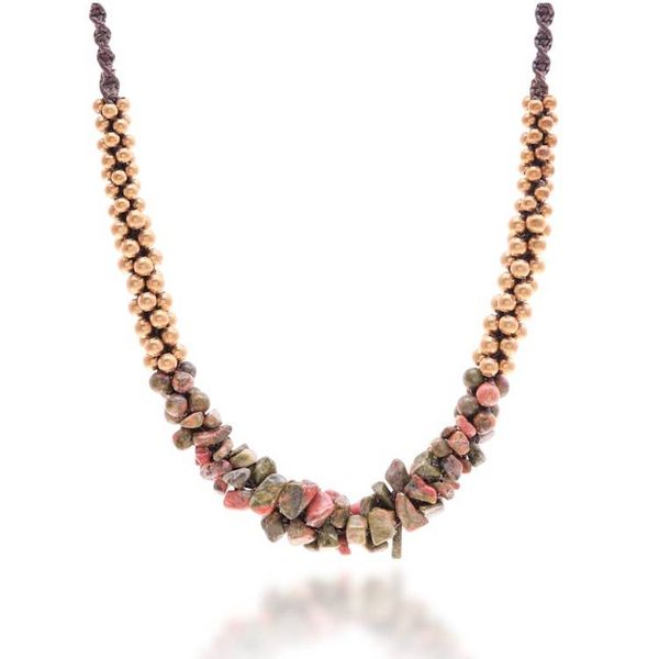 Alternate image for Adjustable Pendant Necklace with Unakite Chips Brass Beads Colorful Orchids