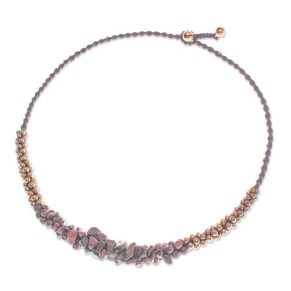 Alternate image for Adjustable Pendant Necklace with Unakite Chips Brass Beads Colorful Orchids