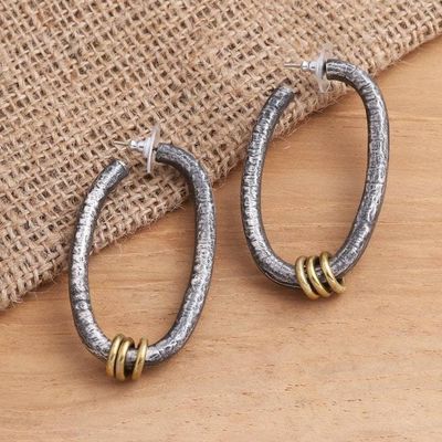 Primary image for Sterling Silver Half Hoop Earrings with Brass Ring Detail Brass Ring