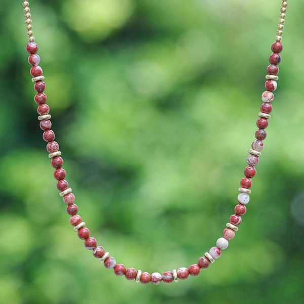 Alternate image for Handcrafted Jasper and Brass Beaded Necklace from Thailand Strong Orbs