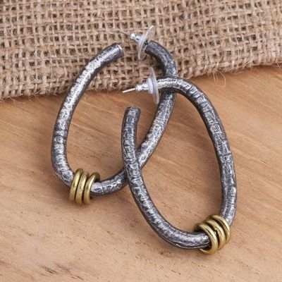 Alternate image for Sterling Silver Half Hoop Earrings with Brass Ring Detail Brass Ring