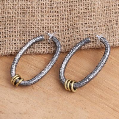 Alternate image for Sterling Silver Half Hoop Earrings with Brass Ring Detail Brass Ring
