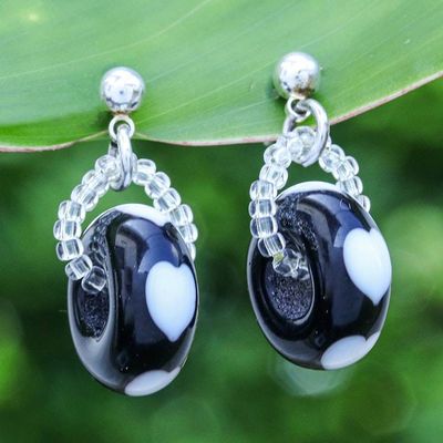 Primary image for Romantic Black and White Blown Glass Heart Dangle Earrings Nocturnal Love