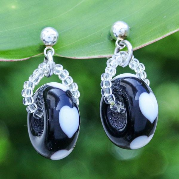 Alternate image for Romantic Black and White Blown Glass Heart Dangle Earrings Nocturnal Love