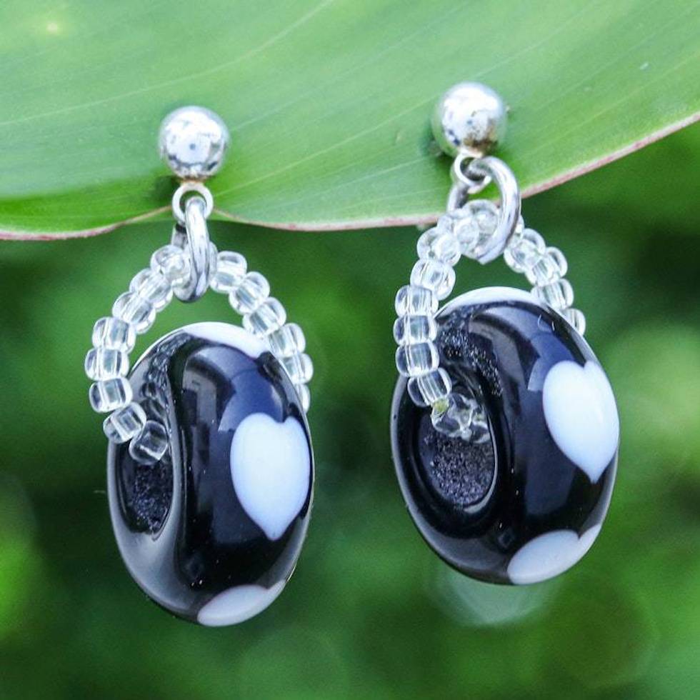 Romantic Black and White Blown Glass Heart Dangle Earrings 'Nocturnal Love'