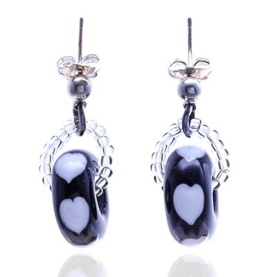 Alternate image for Romantic Black and White Blown Glass Heart Dangle Earrings Nocturnal Love