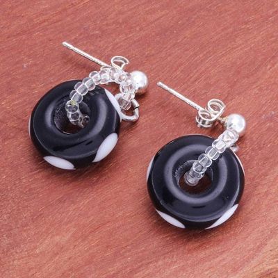 Alternate image for Romantic Black and White Blown Glass Heart Dangle Earrings Nocturnal Love