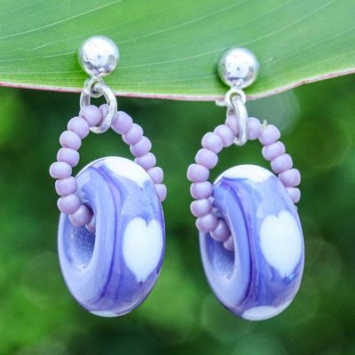 Primary image for Purple and White Blown Glass Heart Beaded Dangle Earrings Charmed Love