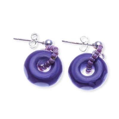 Alternate image for Purple and White Blown Glass Heart Beaded Dangle Earrings Charmed Love