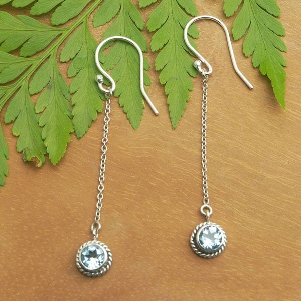 Alternate image for Sterling Silver Dangle Earrings with Round Blue Topaz Gems Loyal Girl