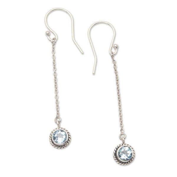 Alternate image for Sterling Silver Dangle Earrings with Round Blue Topaz Gems Loyal Girl