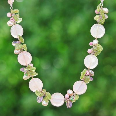 Primary image for Quartz Peridot Amethyst Cultured Pearl Glass Beaded Necklace Sweet Romance
